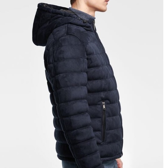 Zara Man Puffer Coat Jacket Faux Suede Hood - Picture 4 of 6